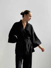 Komplet szlafrok krótki kimono i spodnie, z muślinu dwuwarstwowego, czarny