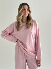 Komplet longsleeve szeroki i spodnie, dzianina single jersey, różowy