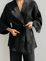 Komplet szlafrok krótki kimono i spodnie, z muślinu dwuwarstwowego, czarny