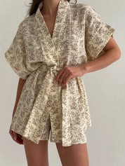 Komplet kimono i szorty, muślin dwuwarstwowy, kremowy w brązowe polne kwiaty