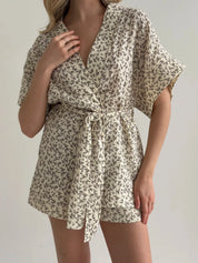 Komplet kimono i szorty, muślin dwuwarstwowy, kremowy w ciemnobrązowe gałązki