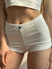 Komplet top mini na ramiączkach i szorty mini, dzianina, biały w granatowe groszki