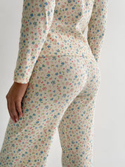 Komplet, longsleeve z guzikami i spodnie, prążek, kolorowy wzór na mlecznym