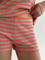 Komplet longsleeve i szorty mini, z dzianiny, w szaro‑pomarańczowe paski