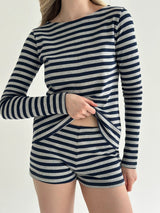 Komplet longsleeve i szorty mini, z dzianiny, w szaro‑granatowe paski
