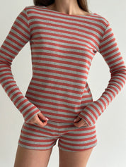 Komplet longsleeve i szorty mini, z dzianiny, w szaro‑terakotowe paski
