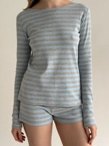 Komplet longsleeve i szorty mini, z dzianiny, w szaro‑niebieskie paski