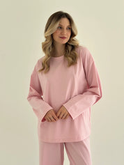 Komplet longsleeve szeroki i spodnie, dzianina single jersey, różowy