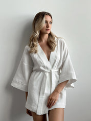 Komplet szlafrok krótki kimono i szorty, z muślinu dwuwarstwowego, biały