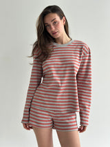 Komplet oversize longsleeve i szorty, dzianina w paski, szary/terakotowy