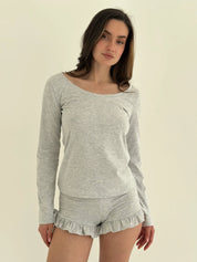 Komplet longsleeve i szorty z falbanami, z dzianiny single jersey, szary
