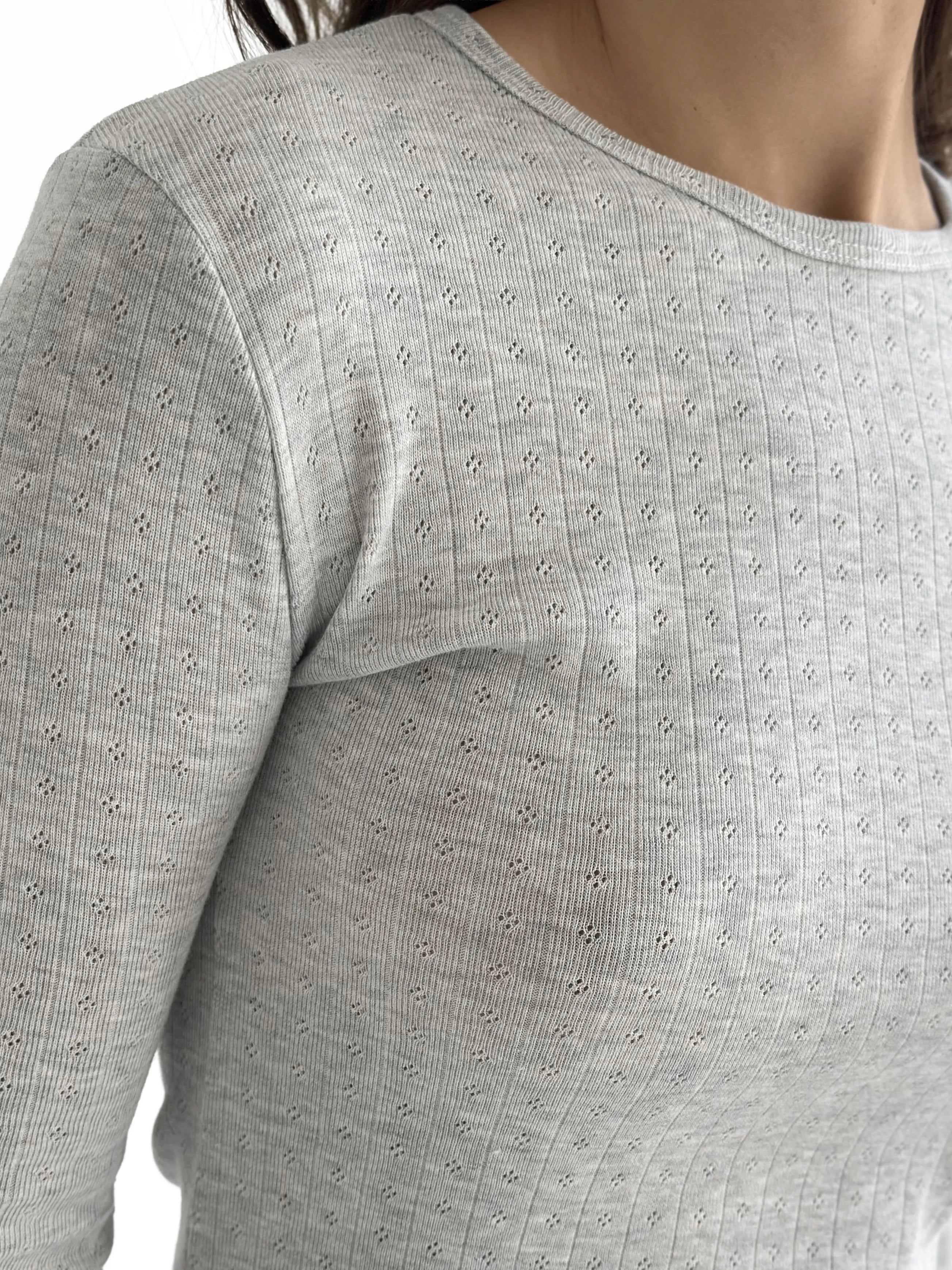 Komplet, dzianina prążkowana, szerokie spodnie i longsleeve, jasnoszary