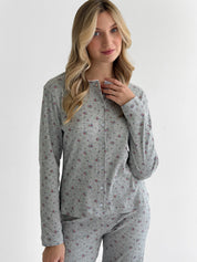 Komplet z dzianiny prążkowanej longsleeve z guzikami i spodnie, kolorowe na szarym