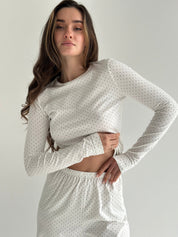 Komplet longsleeve i spodnie szerokie, dzianina, biały w granatowe groszki