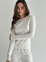 Komplet longsleeve i spodnie szerokie, dzianina, biały w granatowe groszki