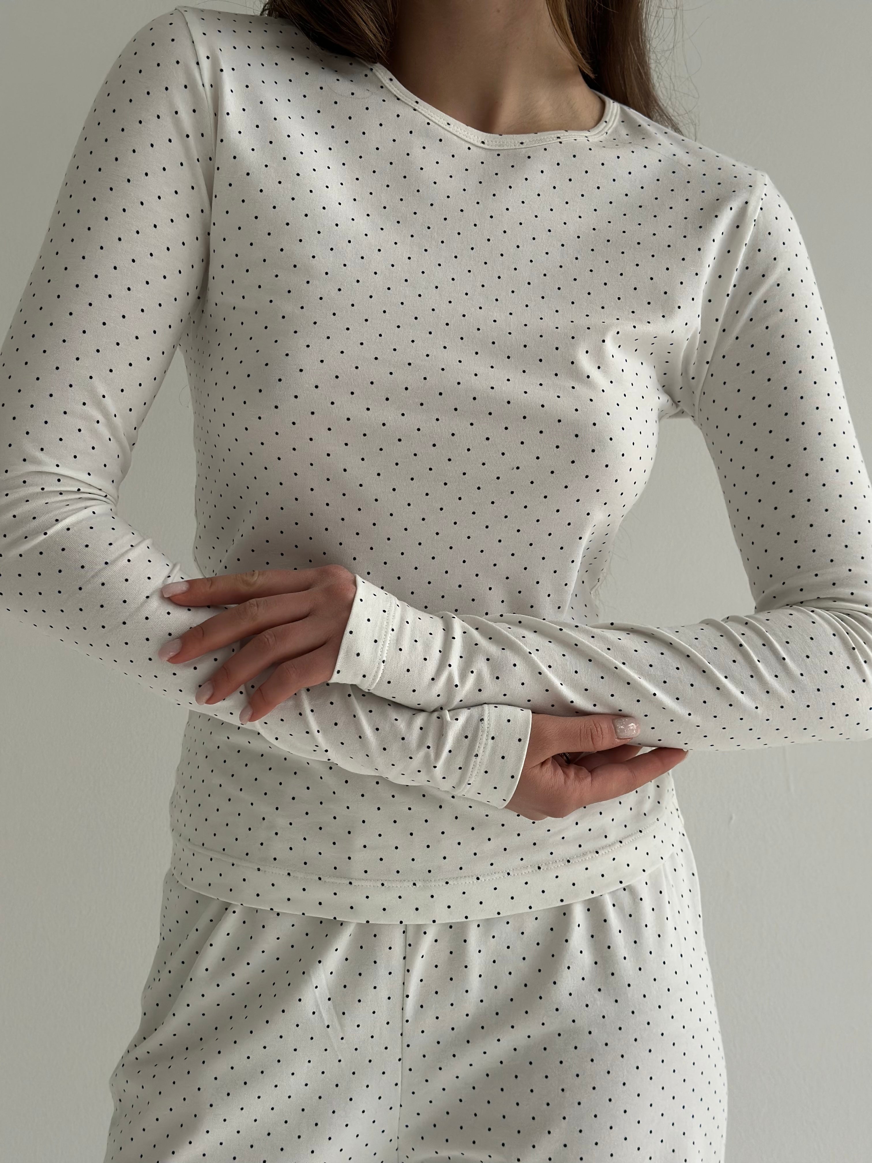 Komplet longsleeve i spodnie szerokie, dzianina, biały w granatowe groszki