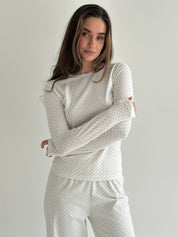 Komplet longsleeve i spodnie szerokie, dzianina, biały w granatowe groszki