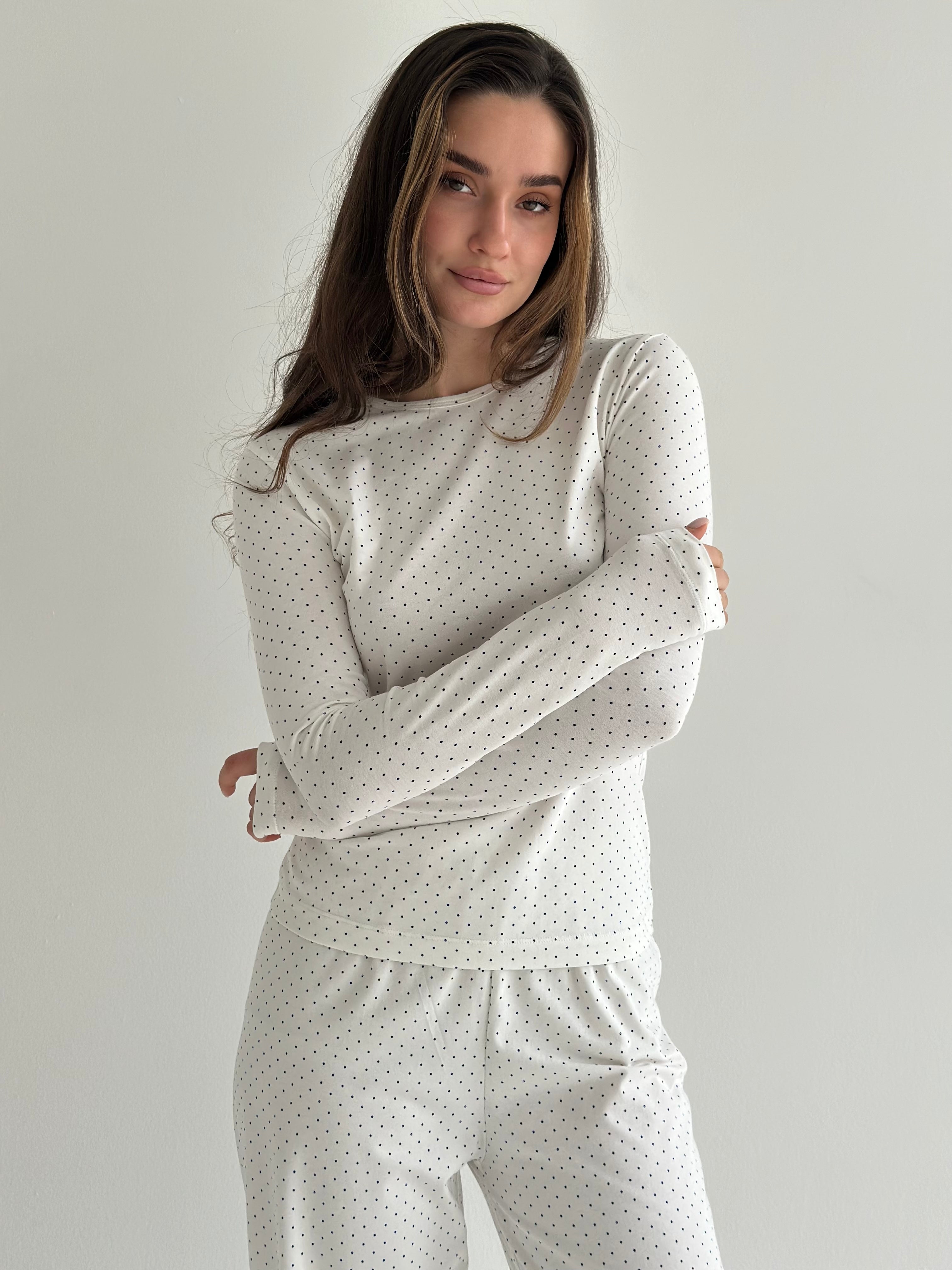 Komplet longsleeve i spodnie szerokie, dzianina, biały w granatowe groszki