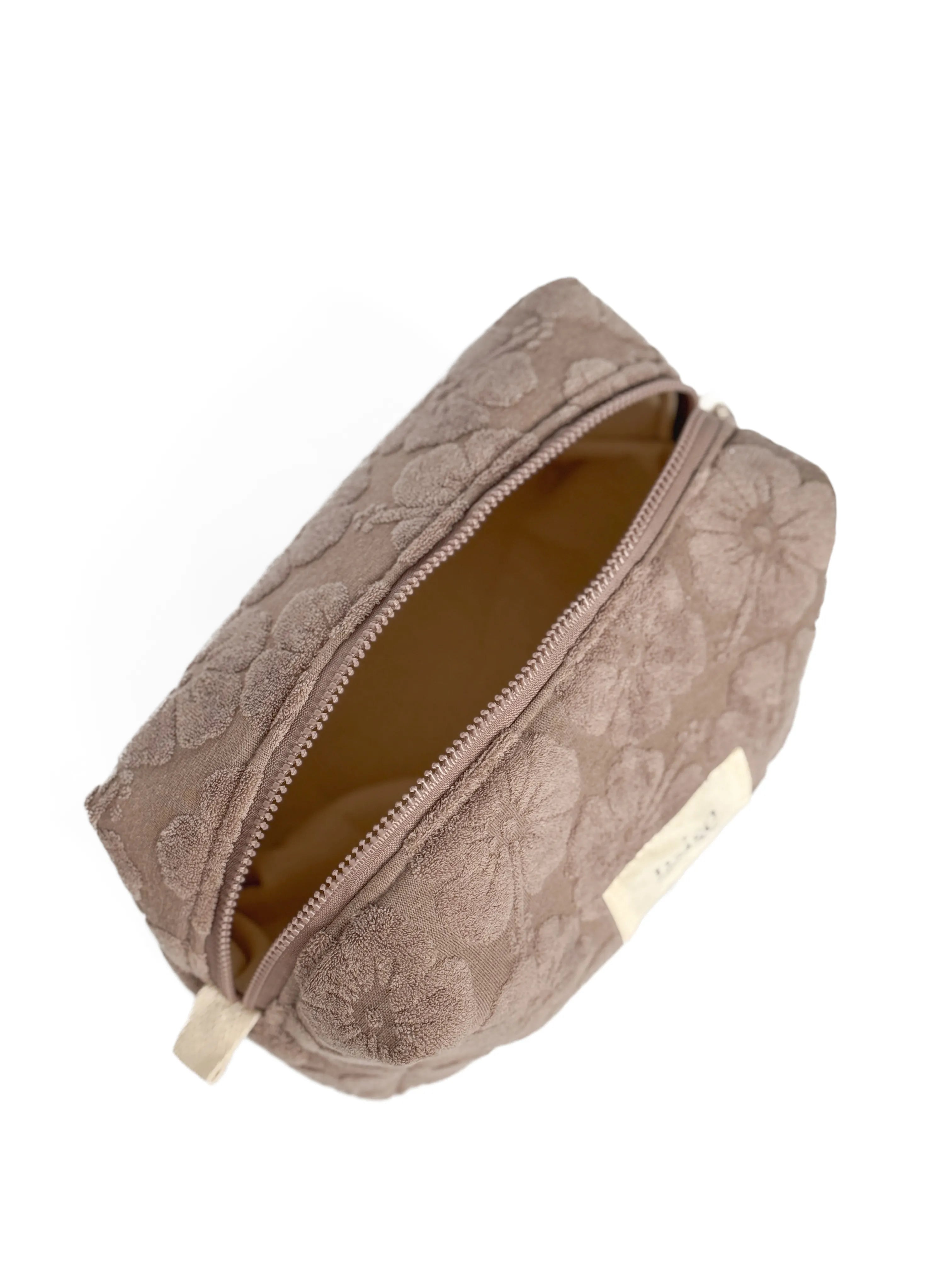 Kosmetyczka frotte żakardowa w kwiaty, brązowa