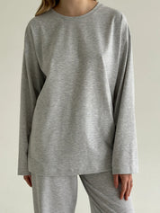 Komplet longsleeve szeroki i spodnie, dzianina single jersey, szary