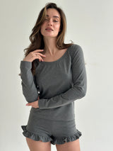 Komplet longsleeve i szorty z falbanami, z dzianiny single jersey, antracytowy