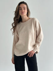 Sweter dziany, mleczny w różowy kwiat