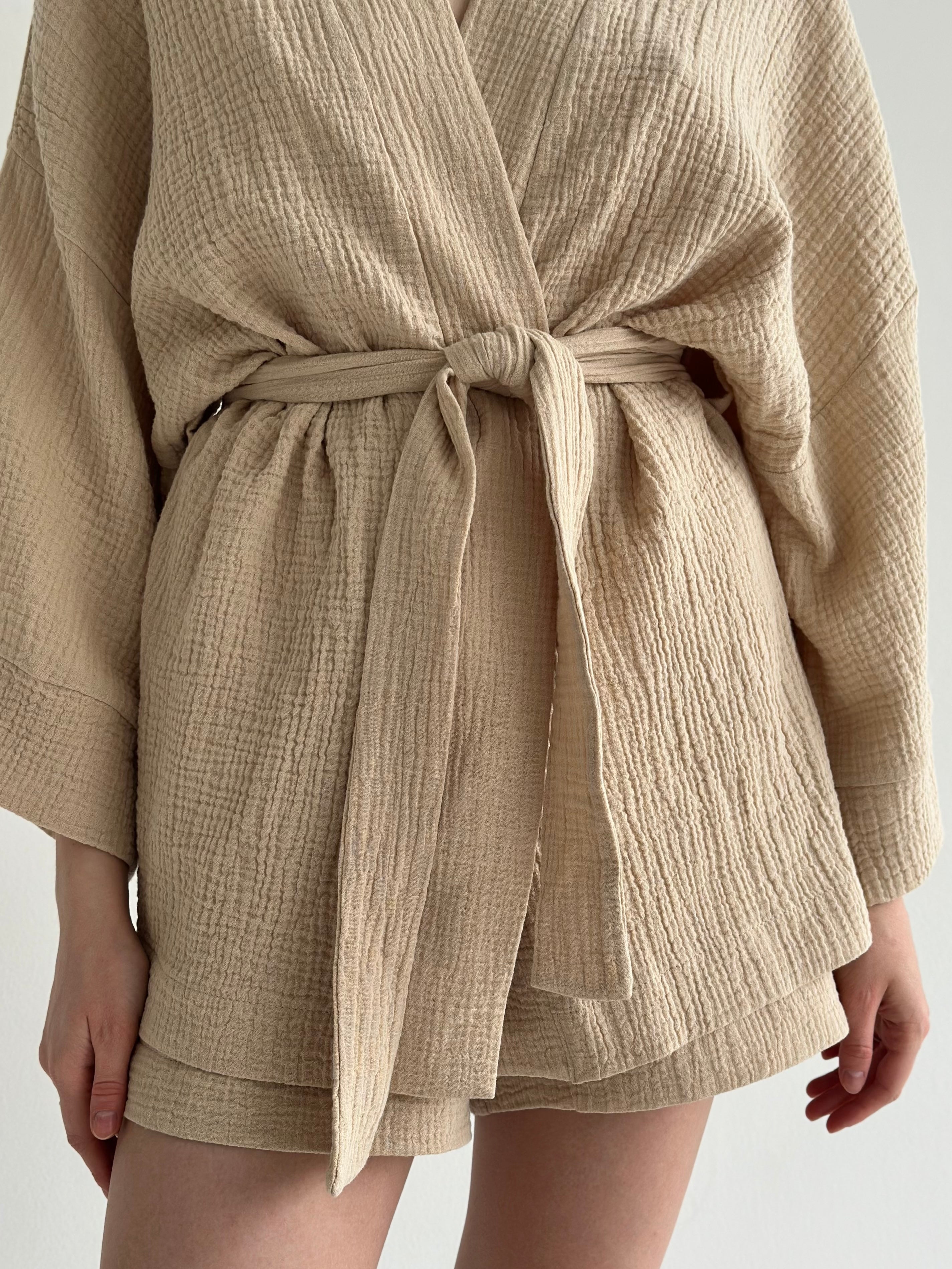 Komplet kimono i szorty muślin dwuwarstwowy, fioletowy