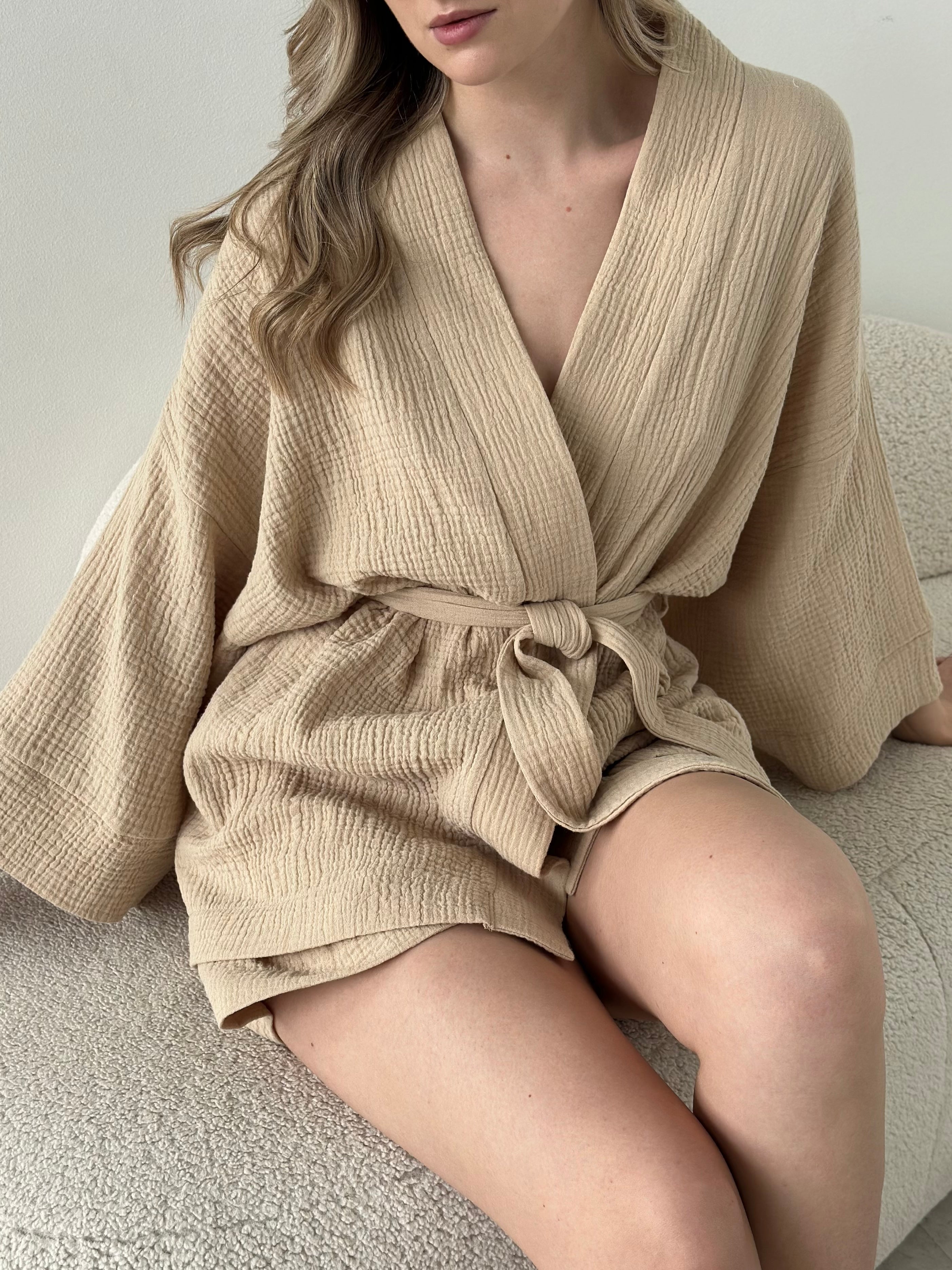 Komplet kimono i szorty muślin dwuwarstwowy, fioletowy