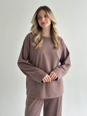 Komplet longsleeve szeroki i spodnie, z dzianiny single jersey, czekoladowy