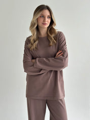Komplet longsleeve szeroki i spodnie, z dzianiny single jersey, czekoladowy