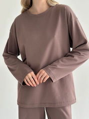 Komplet longsleeve szeroki i spodnie, z dzianiny single jersey, czekoladowy