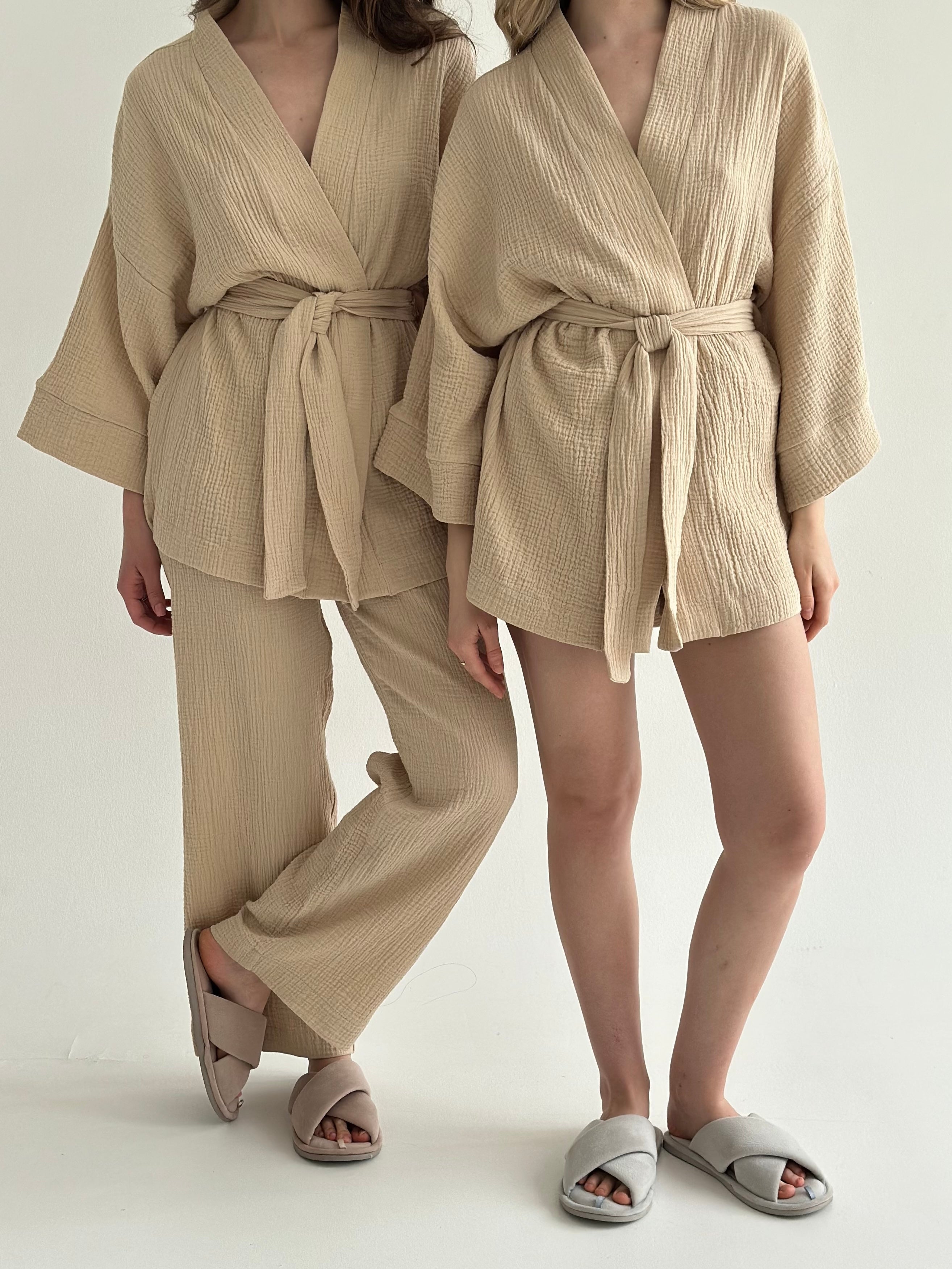 Komplet kimono i szorty muślin dwuwarstwowy, fioletowy