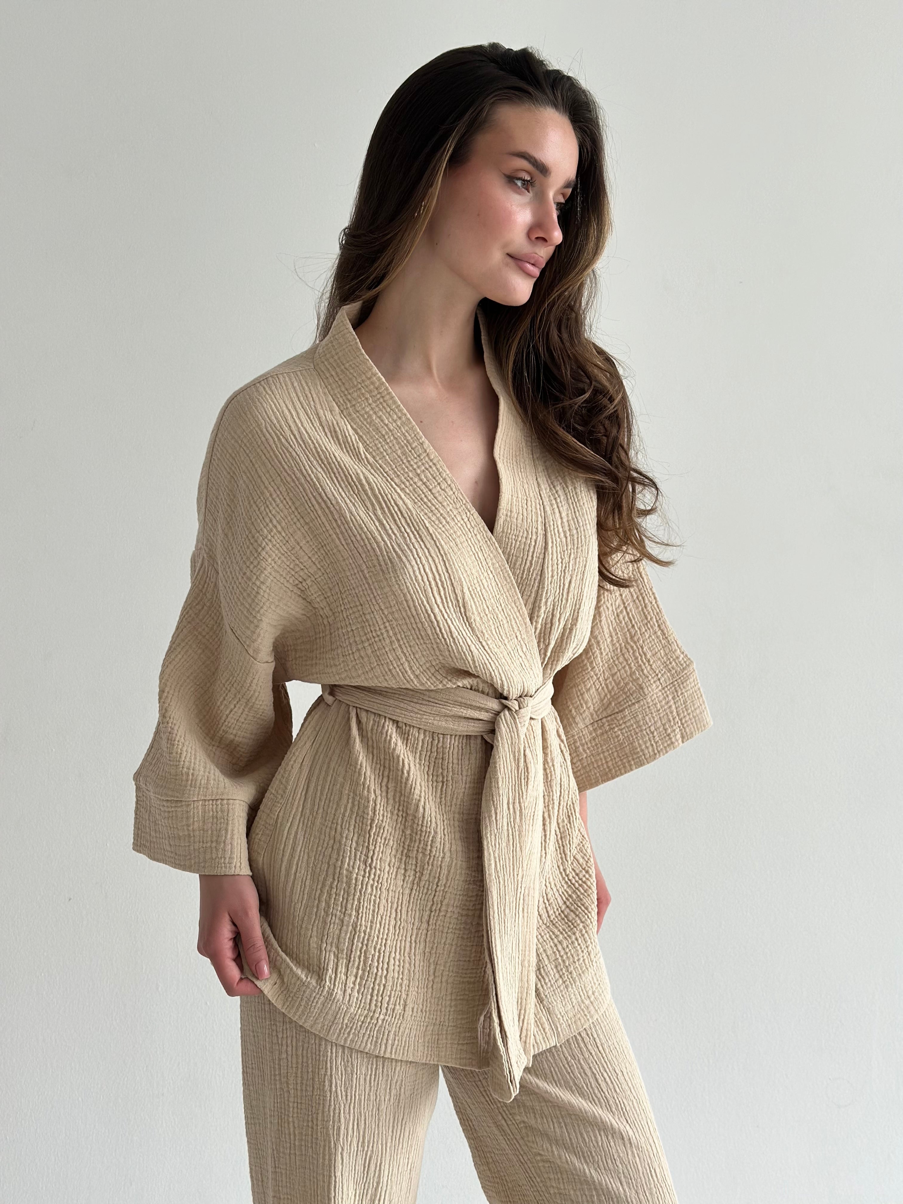 Komplet kimono i spodnie muślin dwuwarstwowy, fioletowy