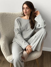 Komplet longsleeve i spodnie szerokie, z dzianiny, szary
