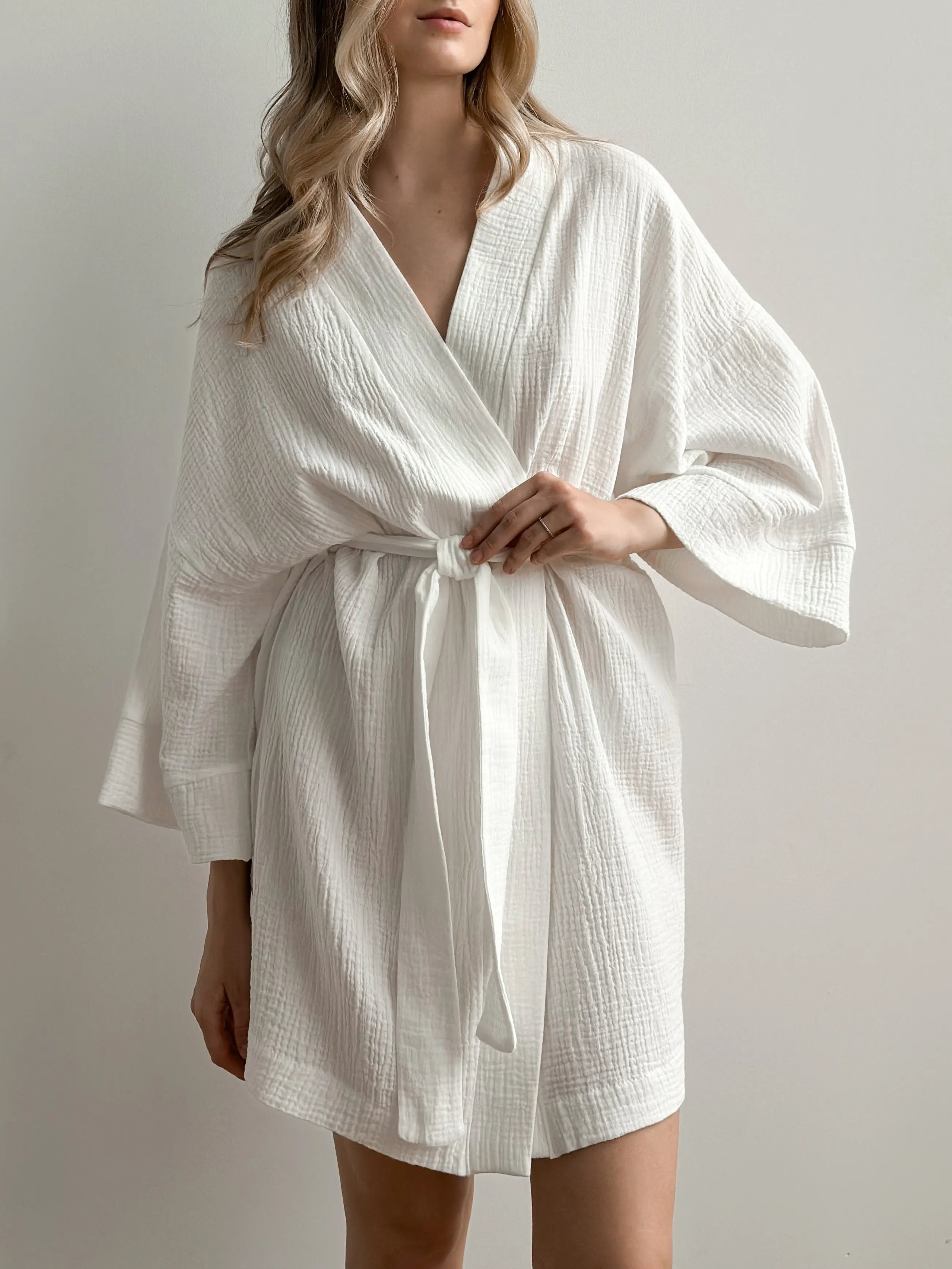 Szlafrok kimono krótki, muślin dwuwarstwowy, biały