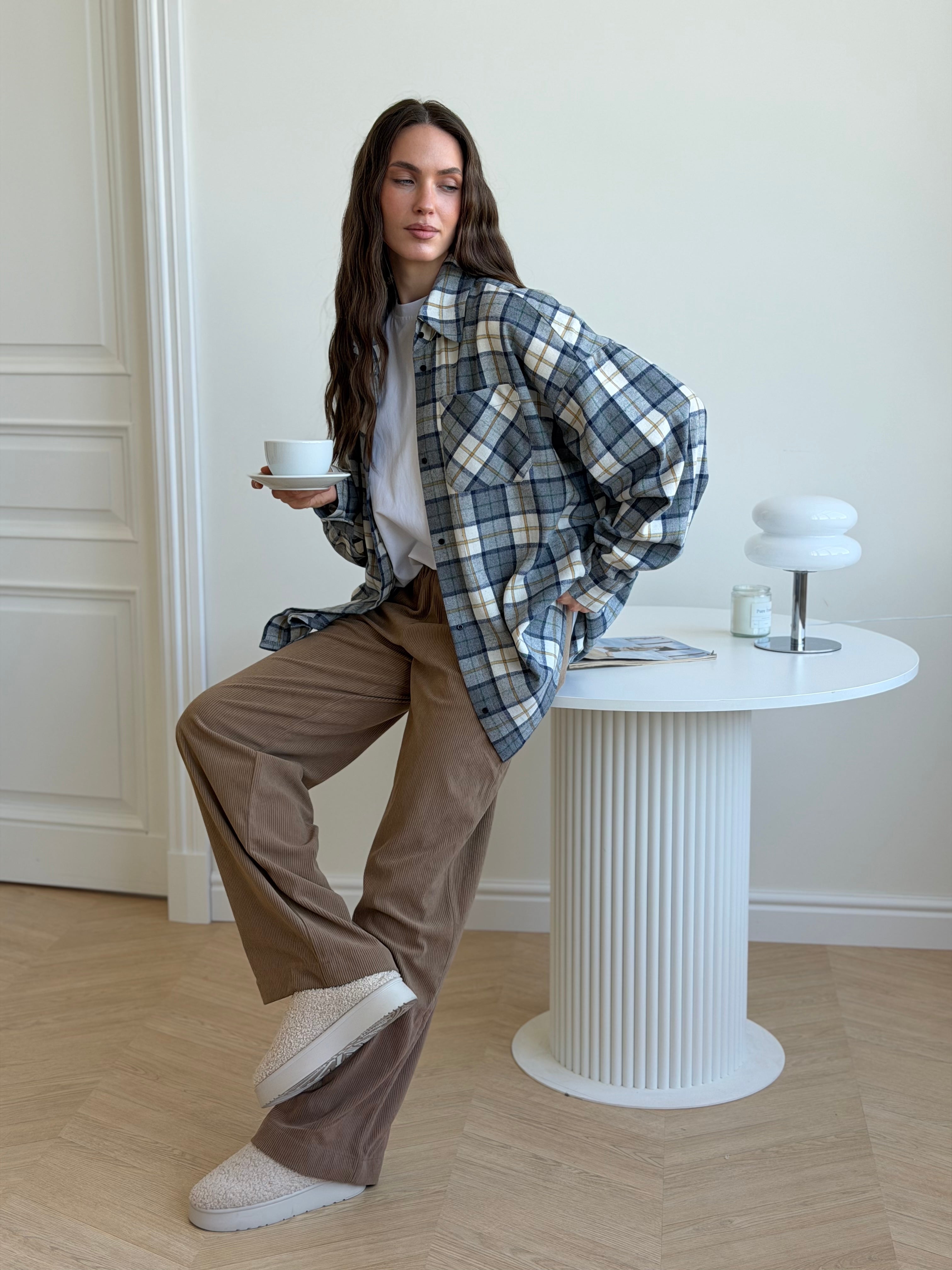Koszula flanelowa w żółto-zieloną kratę na mlecznym, One Size