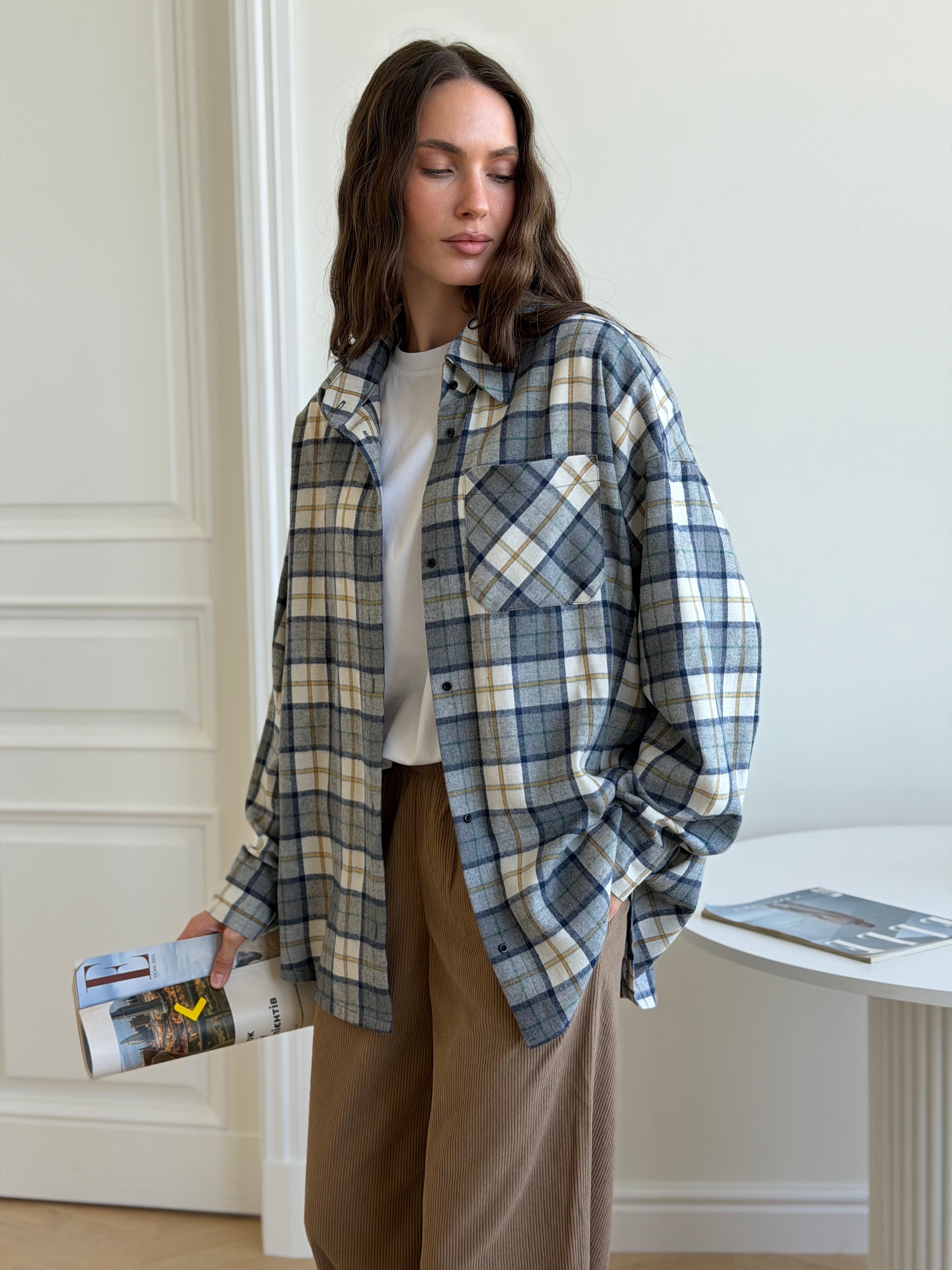 Koszula flanelowa w żółto-zieloną kratę na mlecznym, One Size