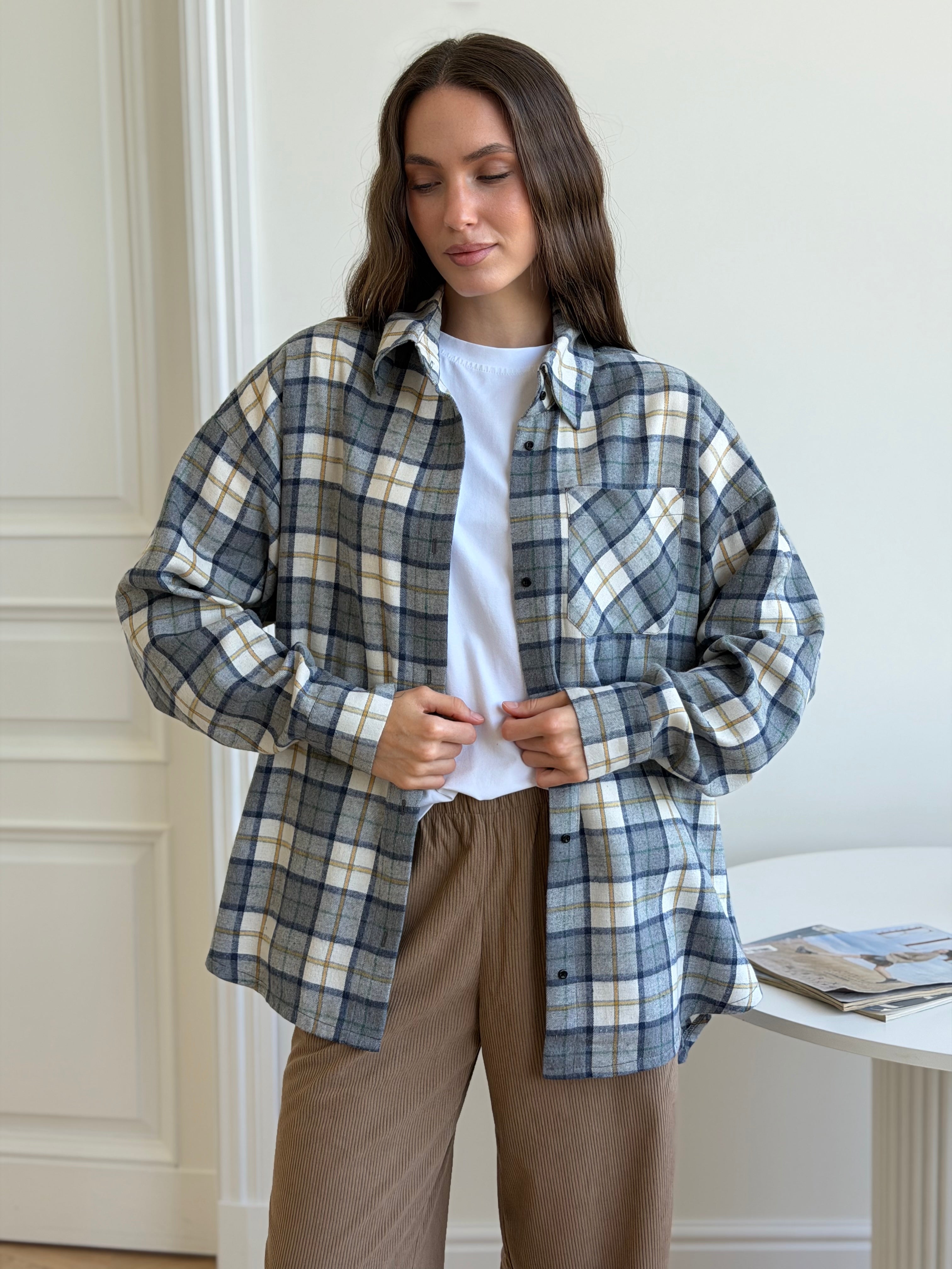 Koszula flanelowa w żółto-zieloną kratę na mlecznym, One Size