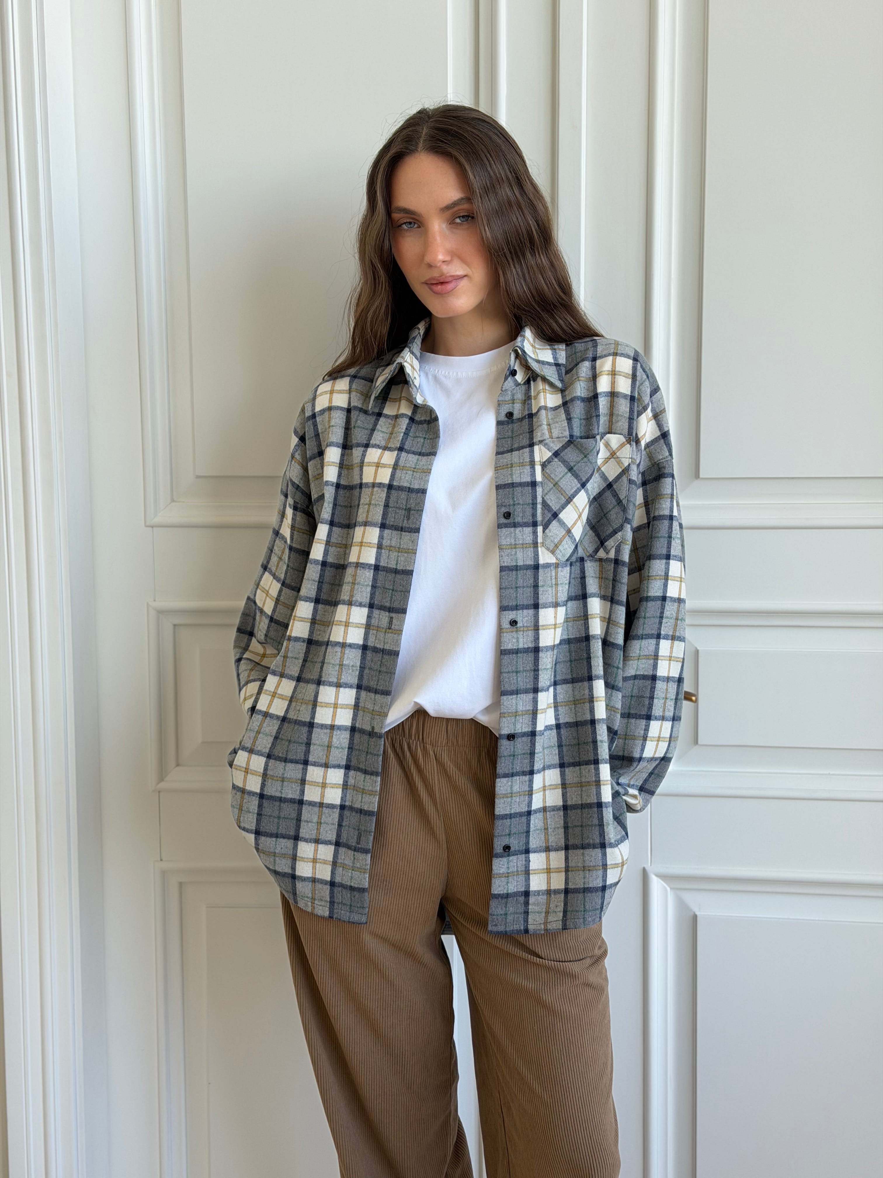 Koszula flanelowa w żółto-zieloną kratę na mlecznym, One Size