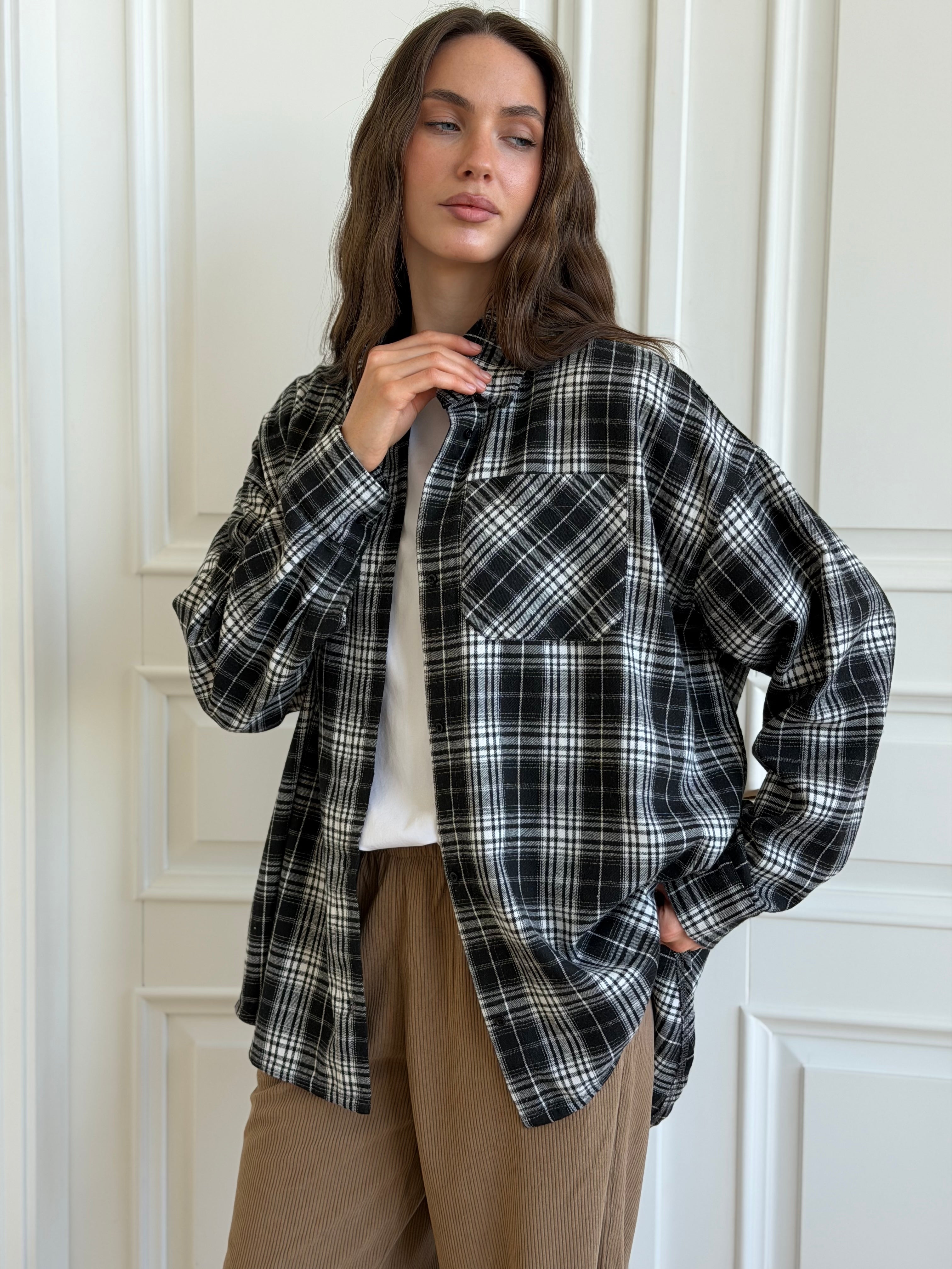Koszula flanelowa w czarno-białą kratę, One Size