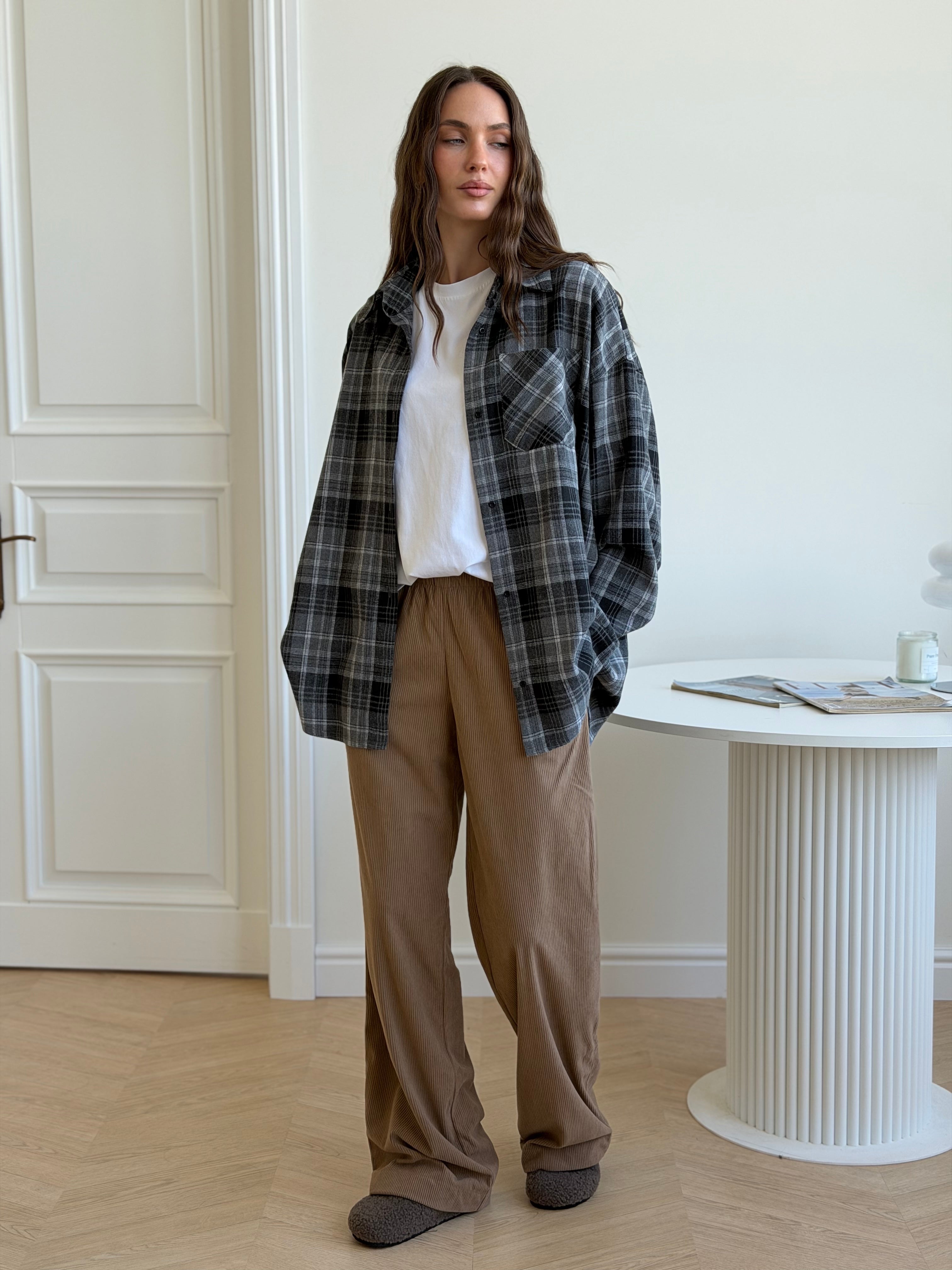 Koszula flanelowa w ciemnoszarą kratę, One Size