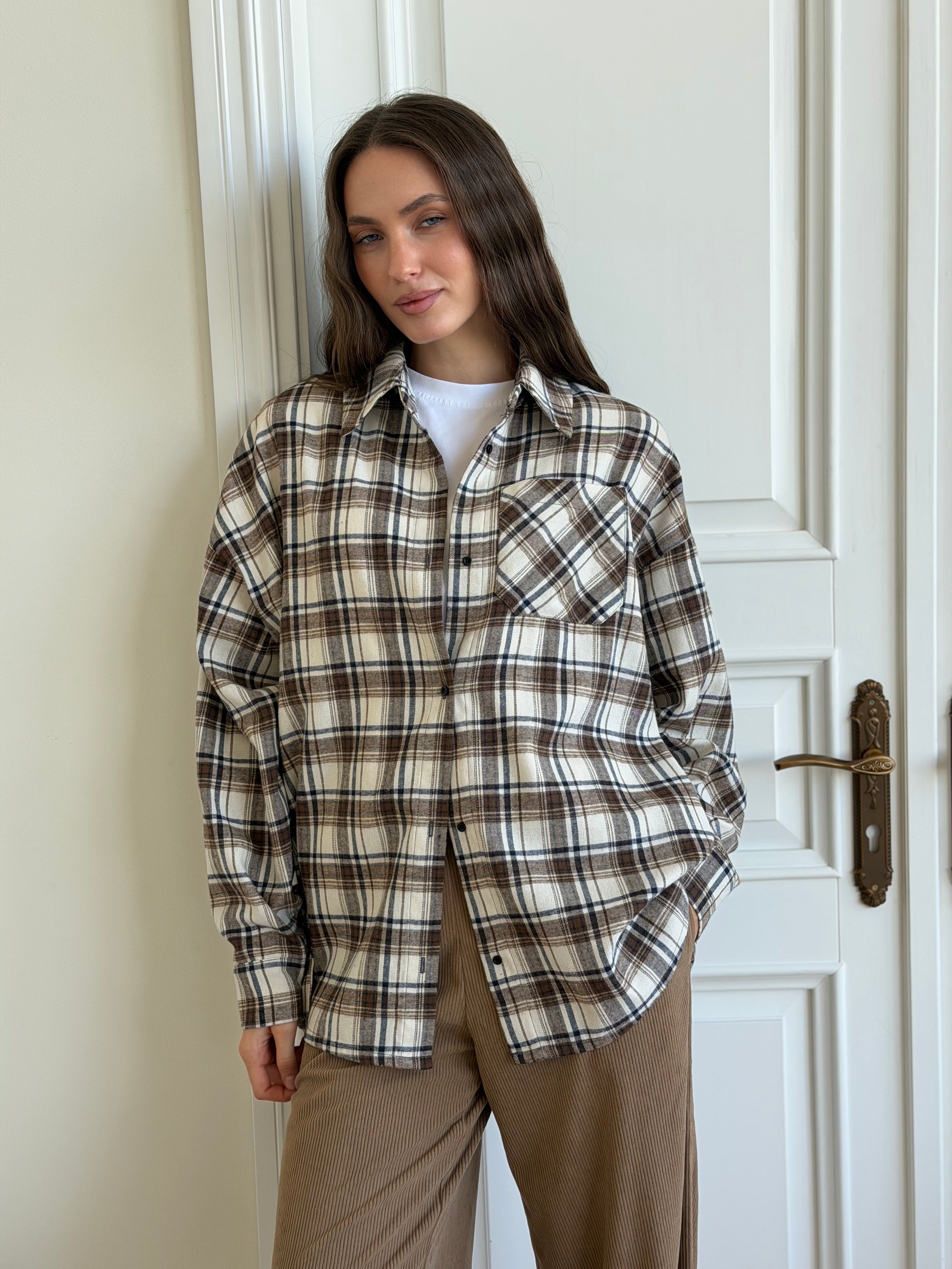 Koszula flanelowa w khaki kratę na mlecznym, One Size