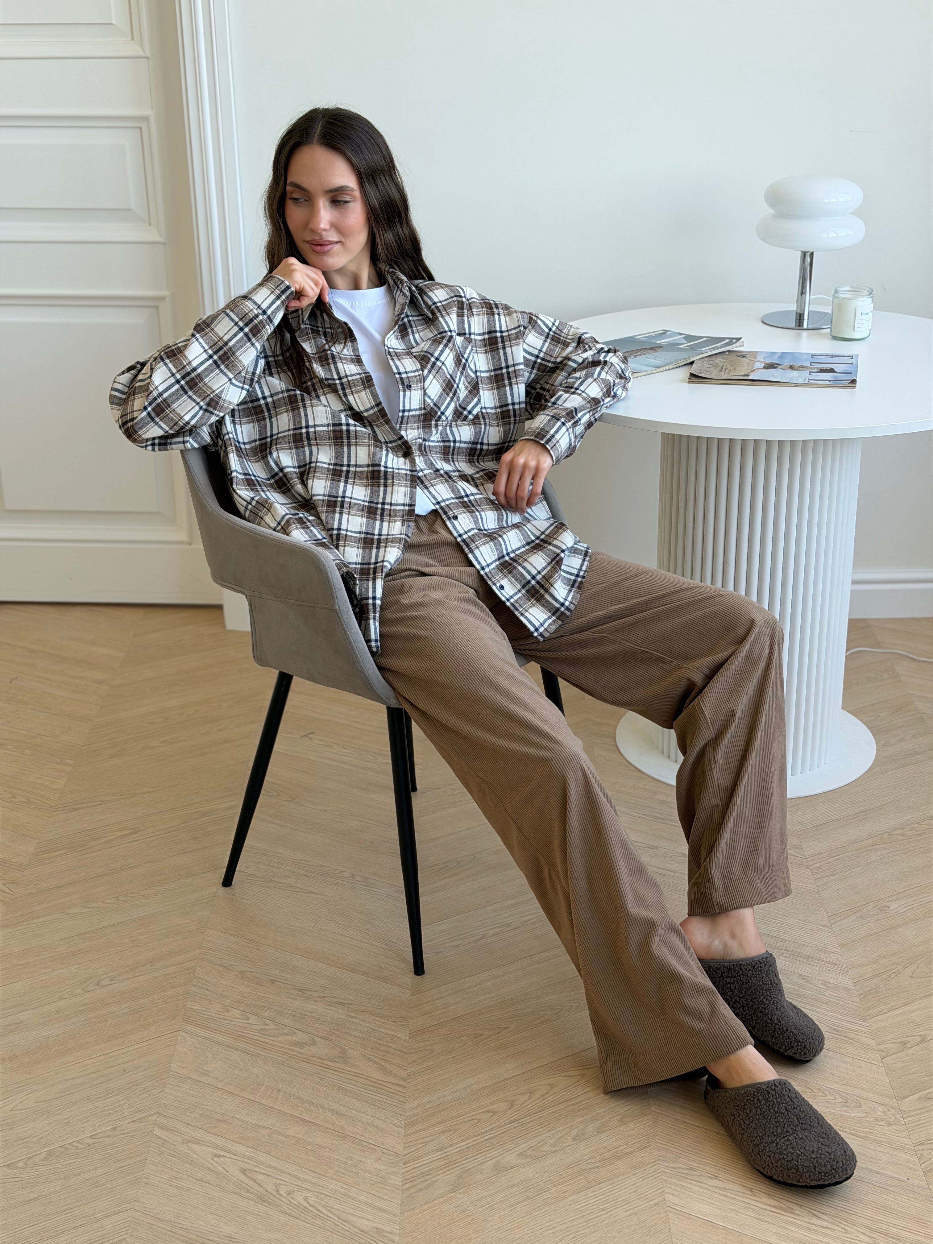Koszula flanelowa w khaki kratę na mlecznym, One Size