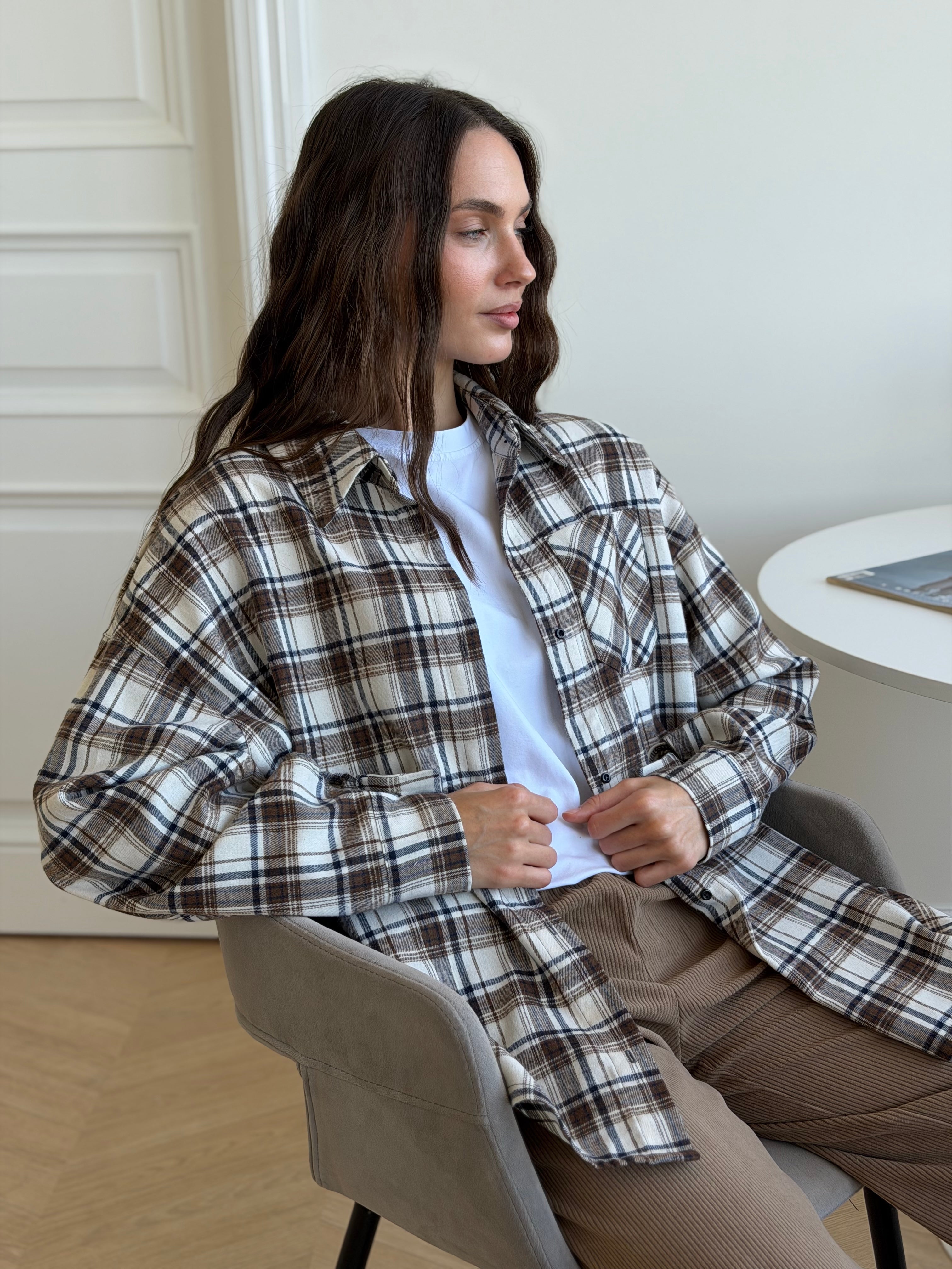 Koszula flanelowa w khaki kratę na mlecznym, One Size