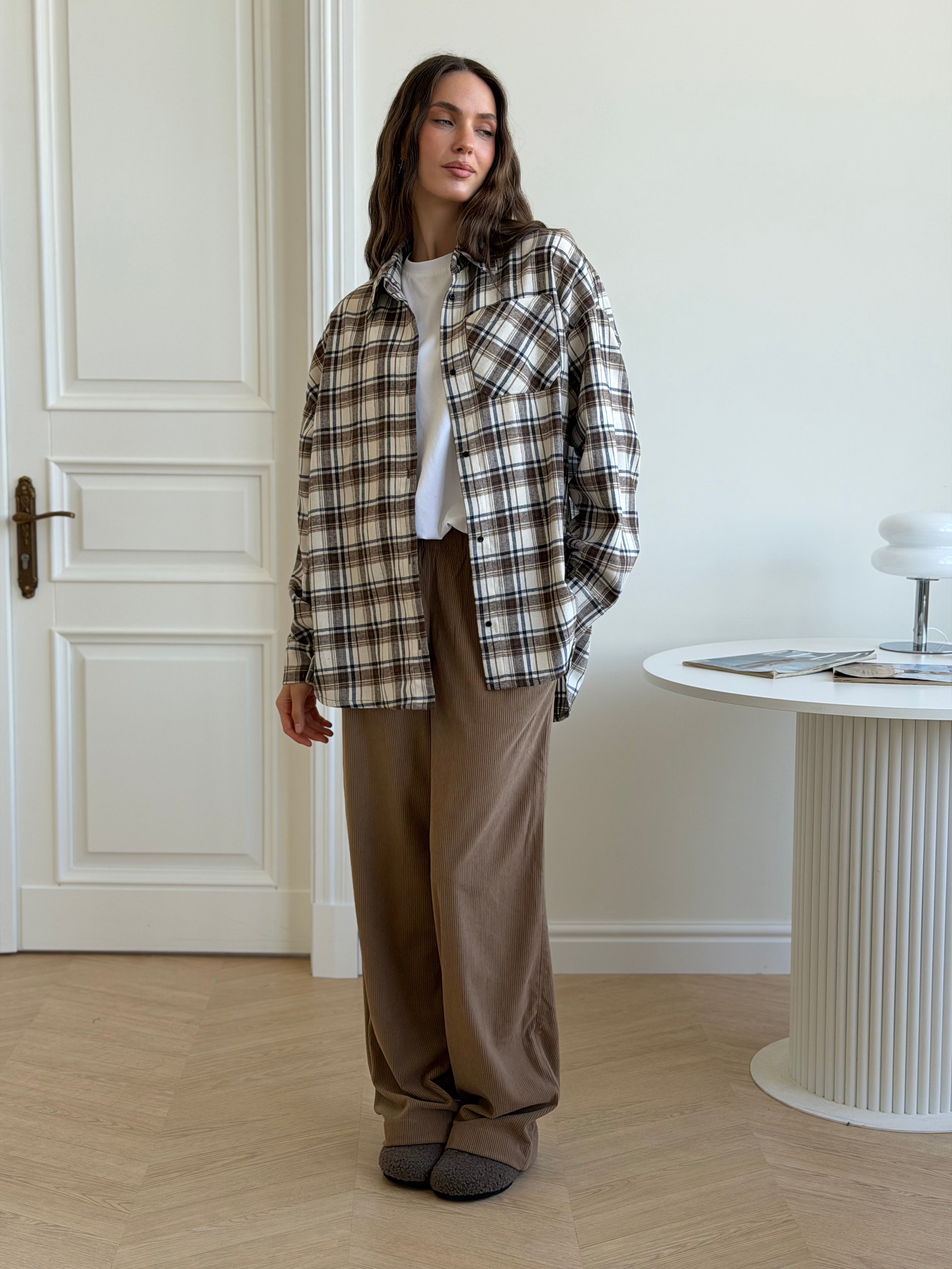 Koszula flanelowa w khaki kratę na mlecznym, One Size