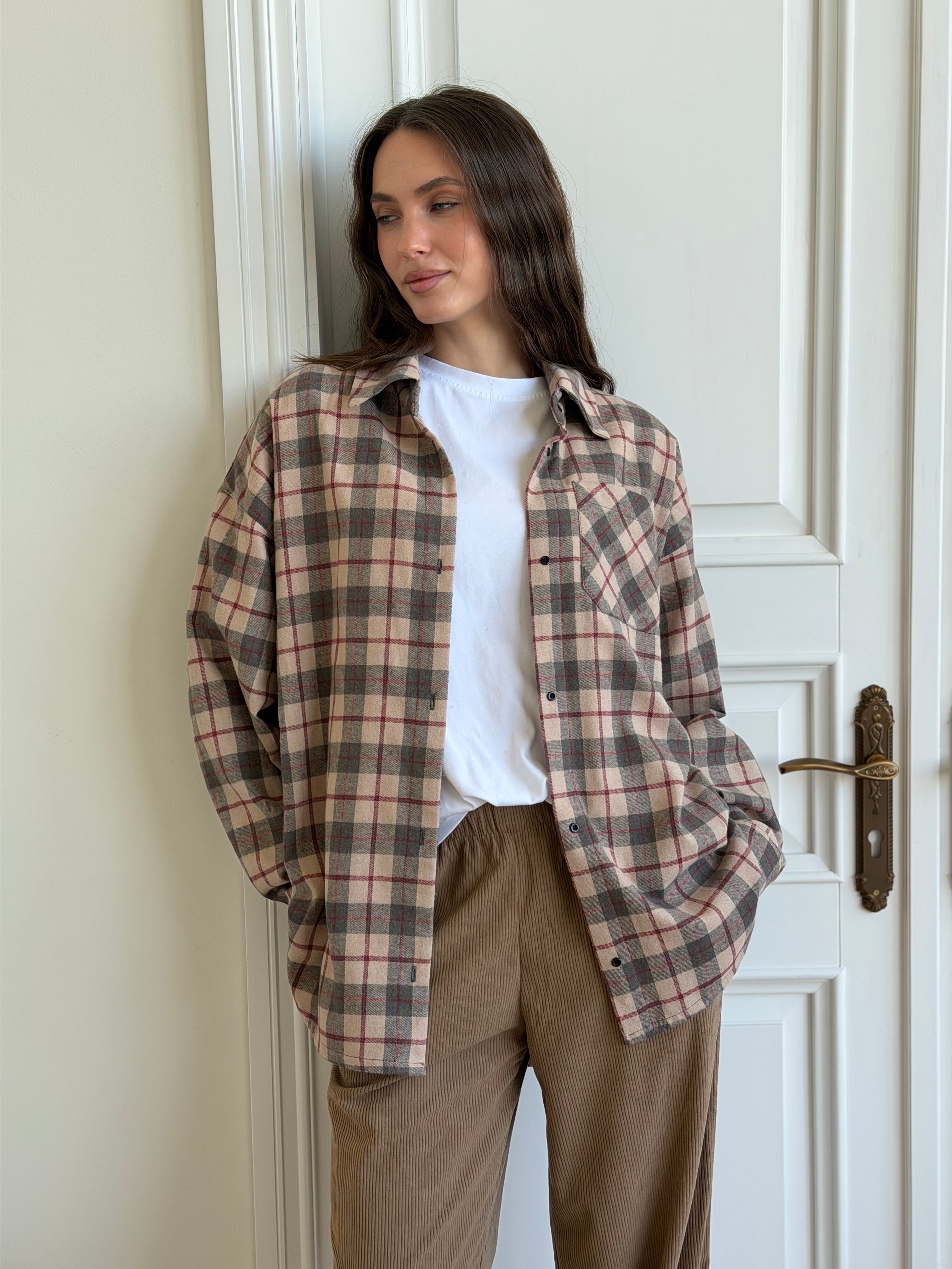 Koszula flanelowa w bordową kratę na beżowym, One Size
