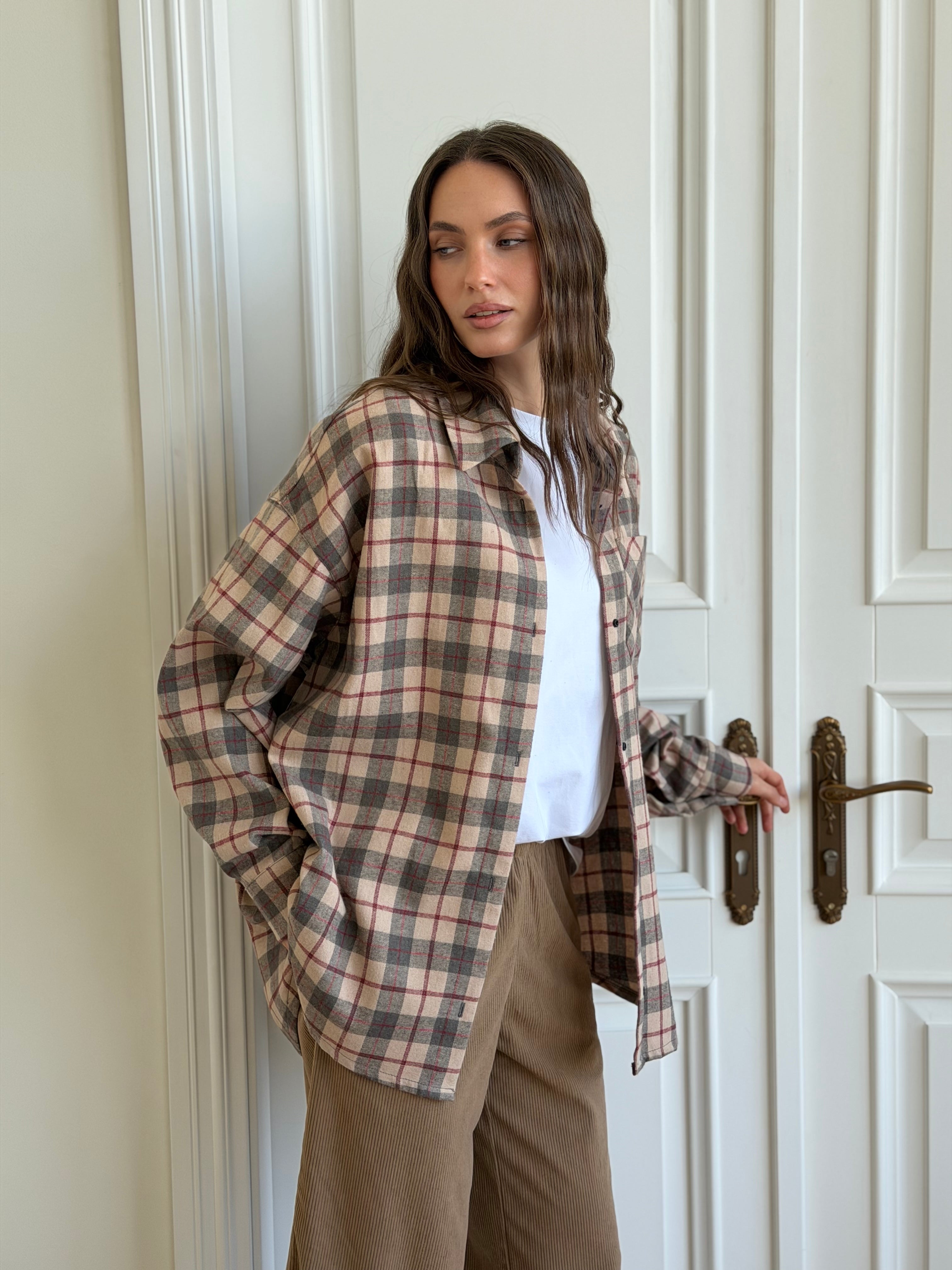 Koszula flanelowa w bordową kratę na beżowym, One Size