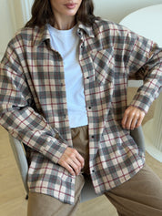 Koszula flanelowa w bordową kratę na beżowym, One Size