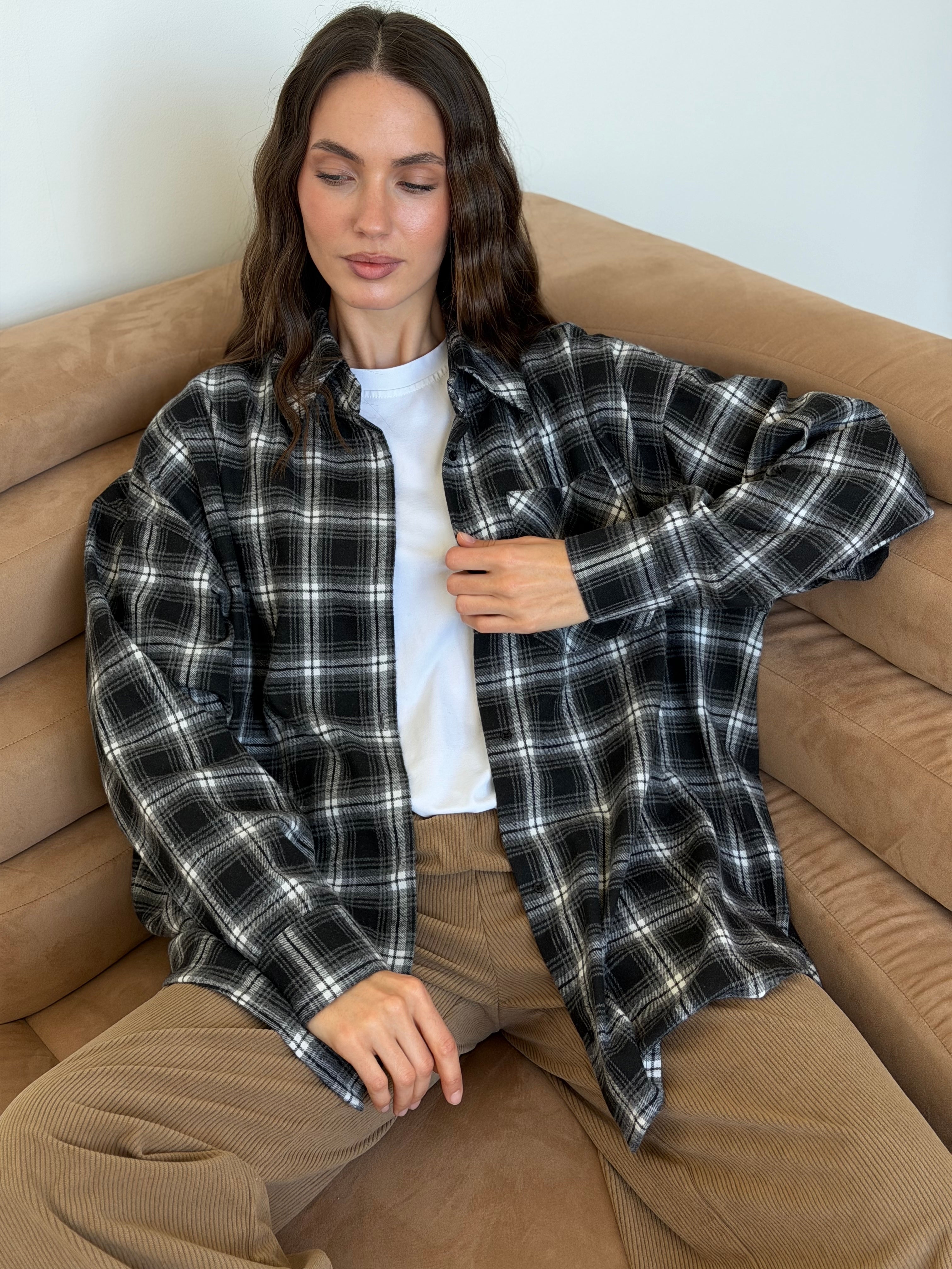 Koszula flanelowa w szaro-czarną kratę, One Size