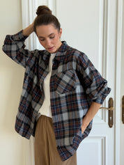 Koszula flanelowa w niebiesko-brązową kratę na szarym, One Size